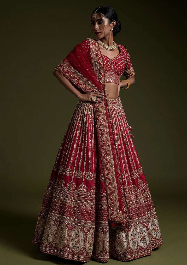 Red Sequin Embroidered Silk Blend Lehenga Set for Diwali and Festive Wear - Indya
