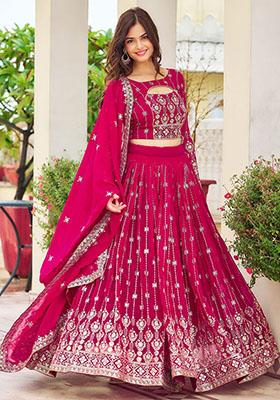 Pink Embroidered Georgette Lehenga Set