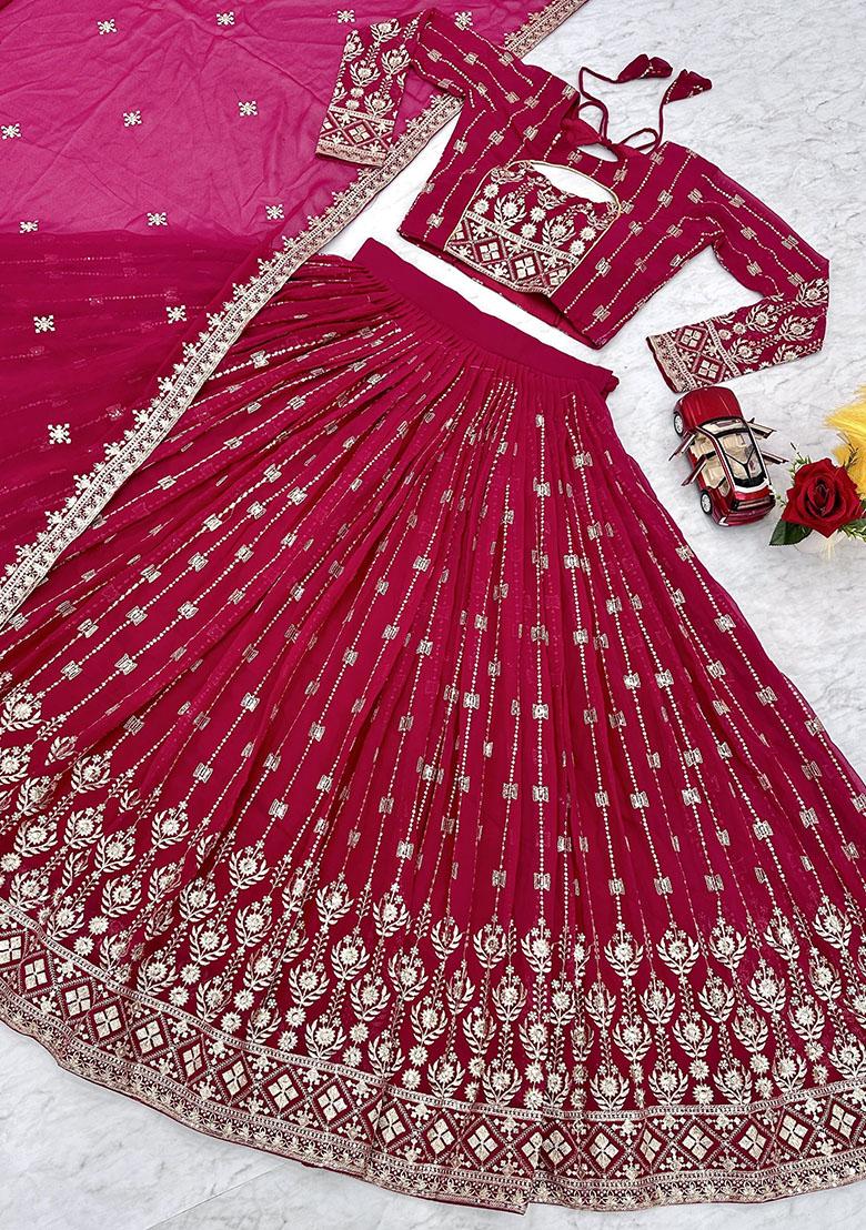 Pink Embroidered Georgette Lehenga Set