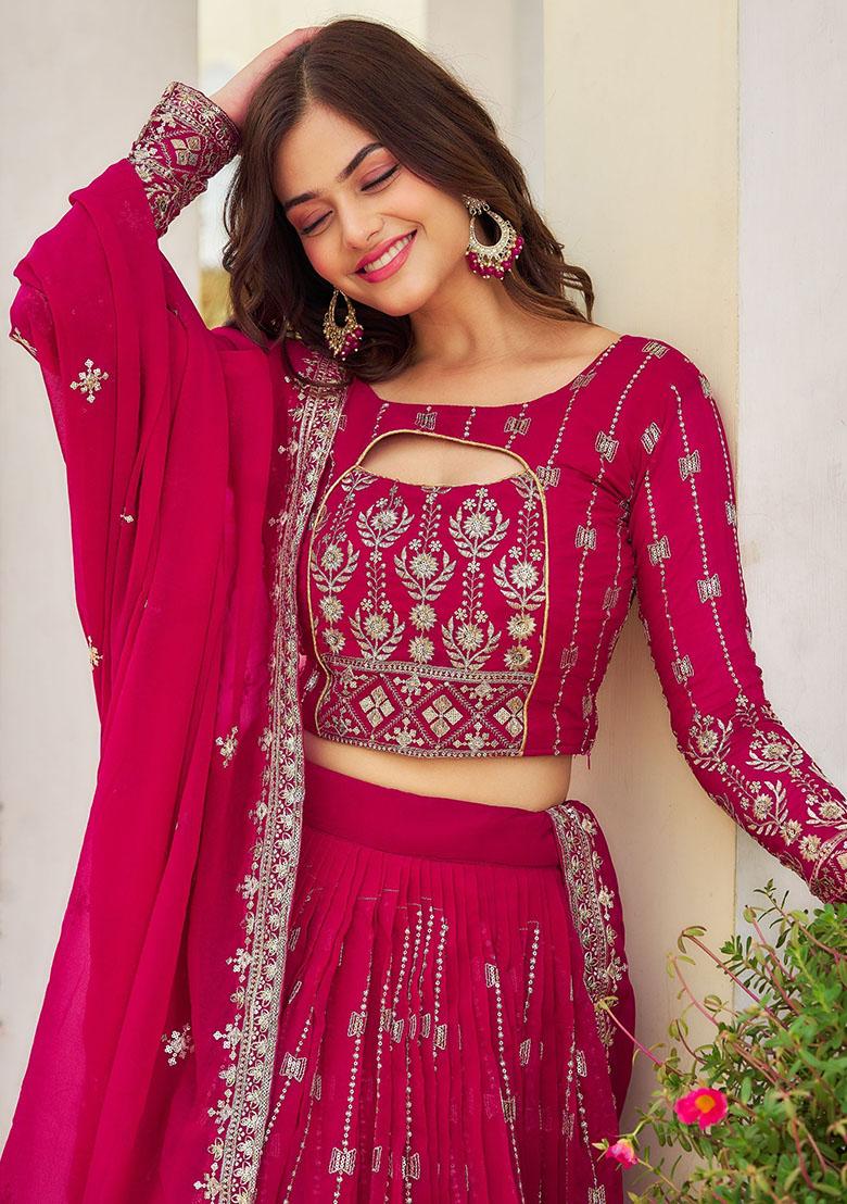 Pink Embroidered Georgette Lehenga Set