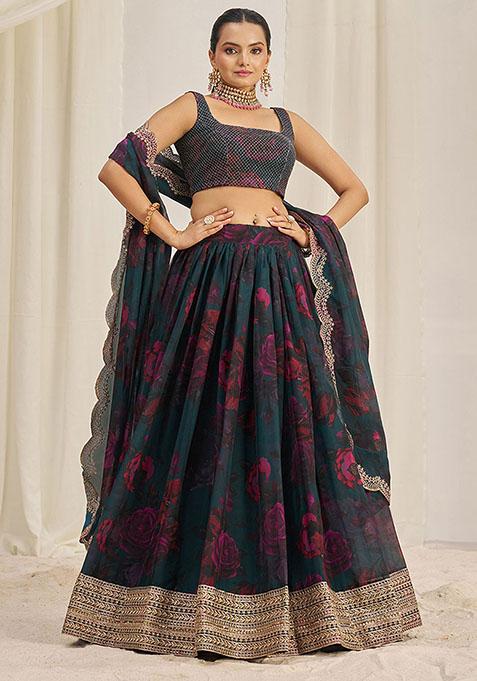 Green Embroidered Organza Lehenga Set — view on Indya