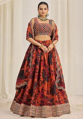 Orange Sequin Embroidered Organza Lehenga Set