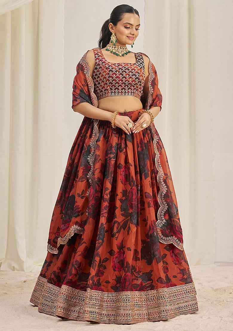 Orange Sequin Embroidered Organza Lehenga Set