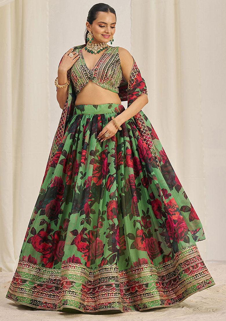 Green Sequin Embroidered Organza Lehenga Set