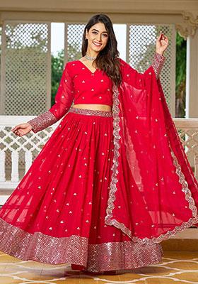 Red Sequin Embroidered Georgette Lehenga Set