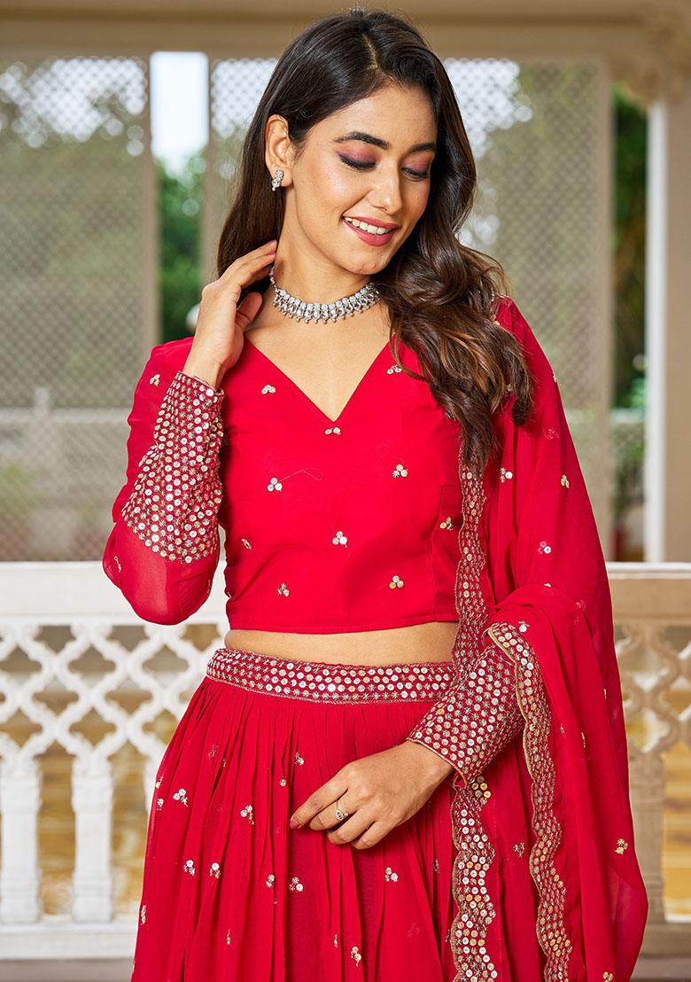 Red Sequin Embroidered Georgette Lehenga Set
