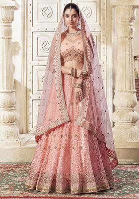 Peach Embroidered Net Lehenga Set