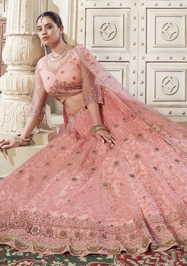 Peach Embroidered Net Lehenga Set