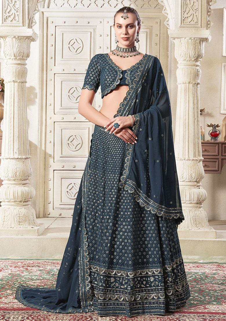 Blue Embroidered Georgette Lehenga Set