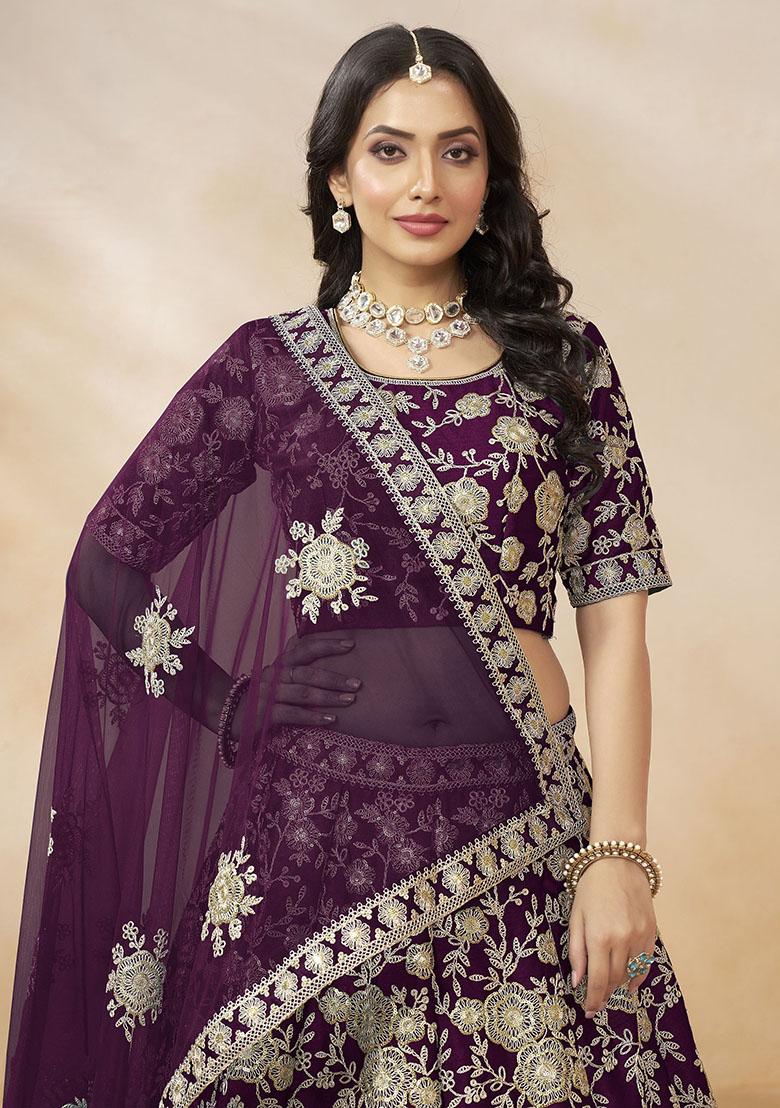Purple Embroidered Silk Lehenga Set