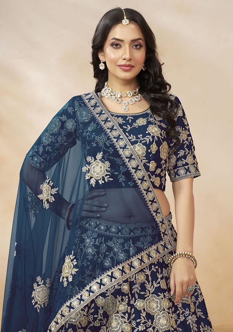Blue Embroidered Silk Lehenga Set