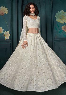 Off White Embroidered Georgette Lehenga Set