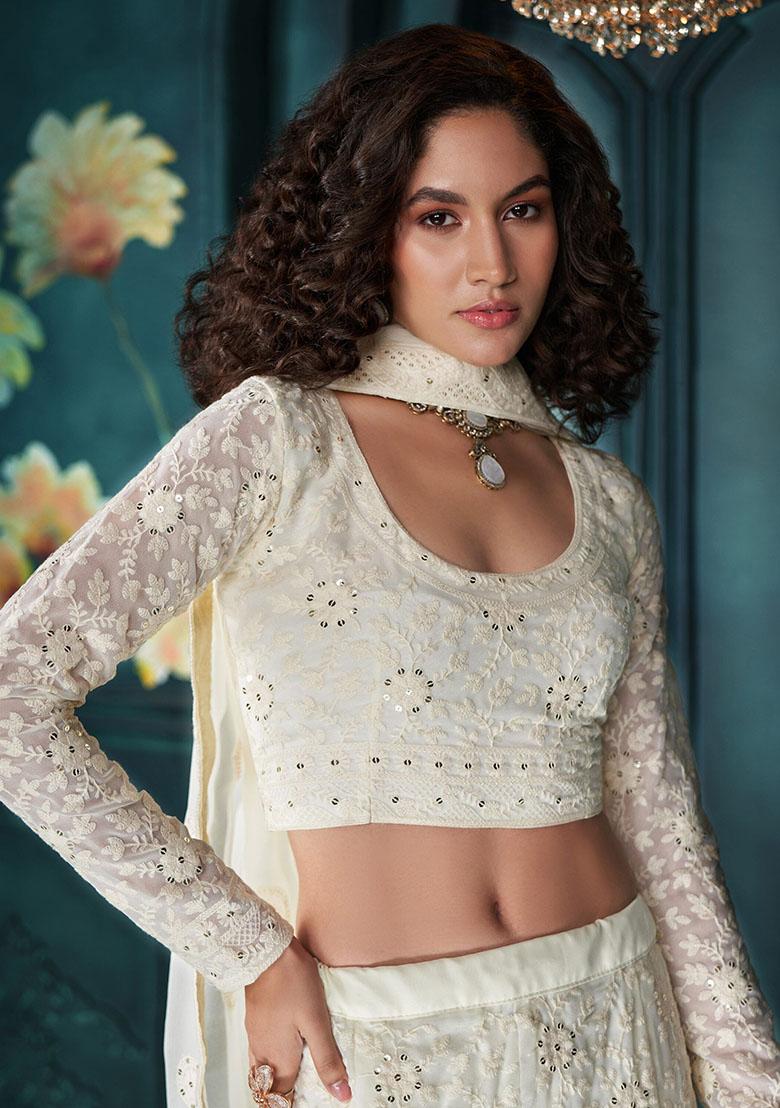 Off White Embroidered Georgette Lehenga Set