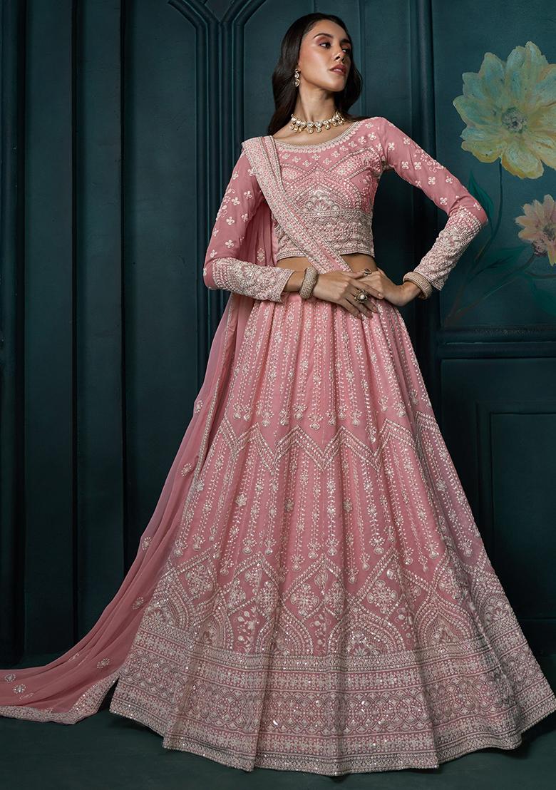 Pink Sequin Embroidered Georgette Lehenga Set