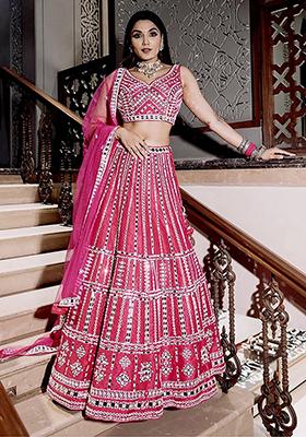 Pink Mirror Work Silk Lehenga Set