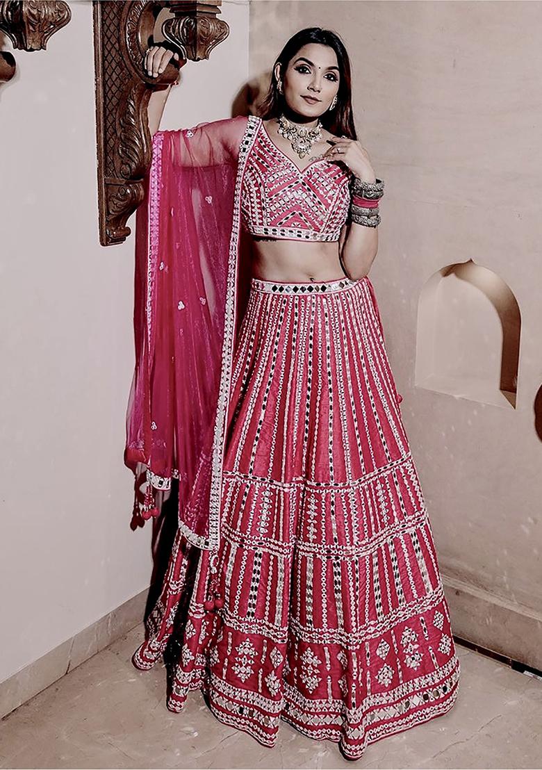 Pink Mirror Work Silk Lehenga Set