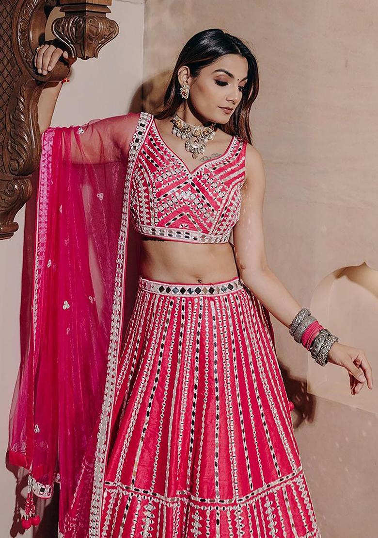 Pink Mirror Work Silk Lehenga Set