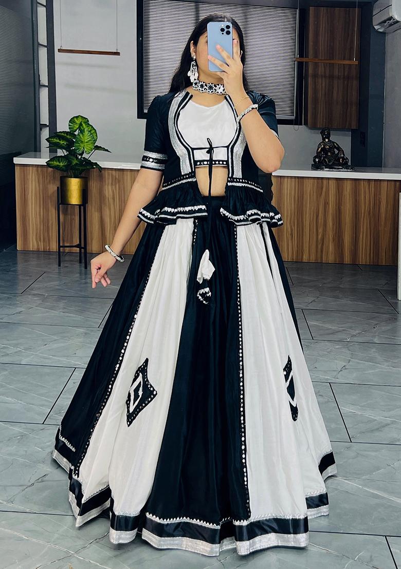 Black Mirror Work Cotton Lehenga Set