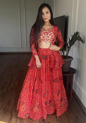 Red Bandhani Print Georgette Lehenga Set