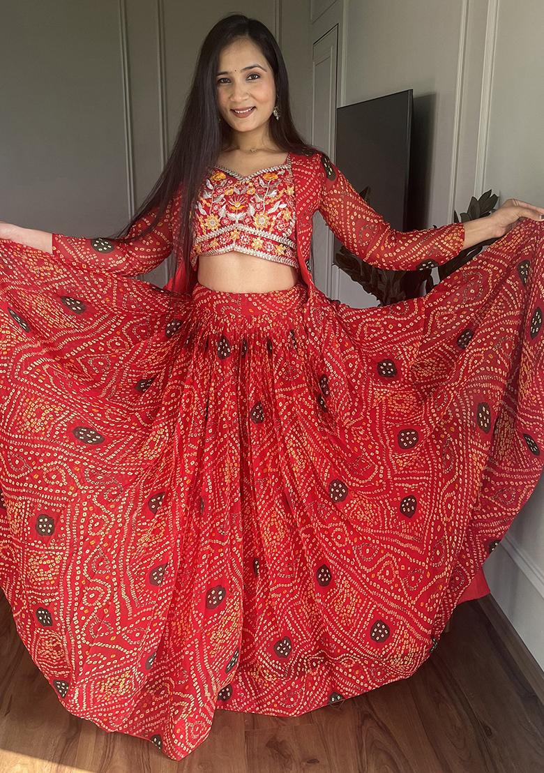 Red Bandhani Print Georgette Lehenga Set