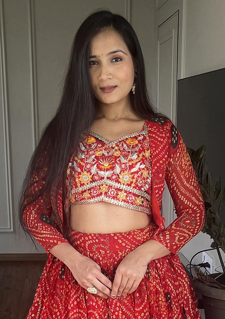Red Bandhani Print Georgette Lehenga Set