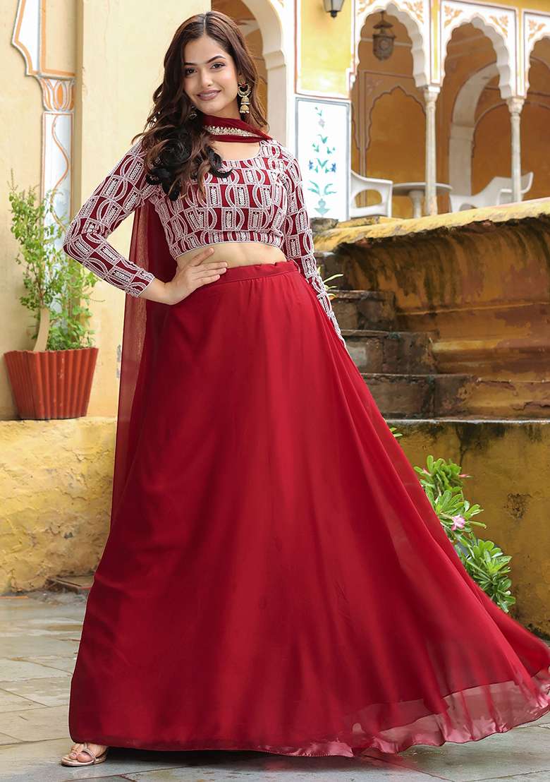 Red Sequin Embroidered Georgette Lehenga Set for Diwali and Festive Wear - Indya