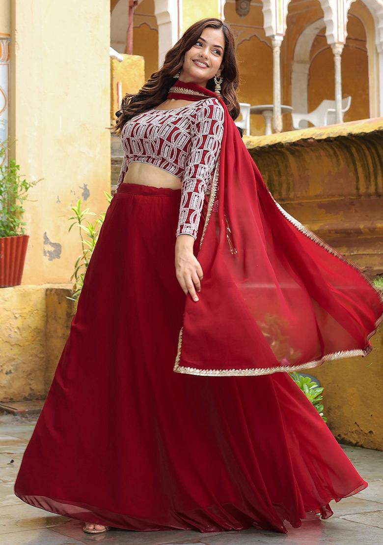 Red Sequin Embroidered Georgette Lehenga Set
