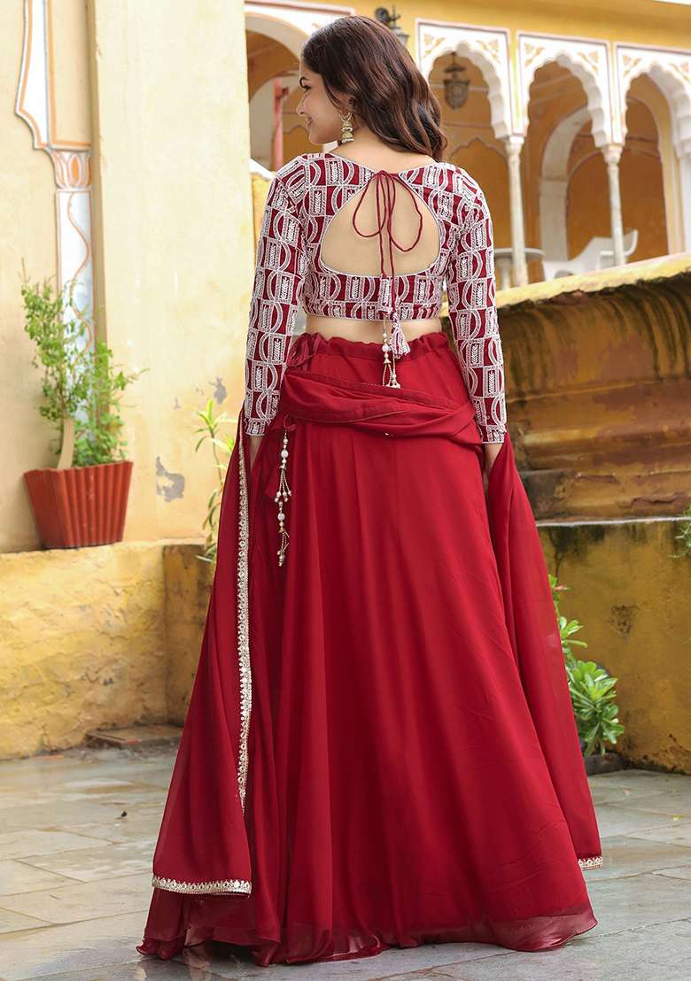 Red Sequin Embroidered Georgette Lehenga Set for Diwali and Festive Wear - Indya