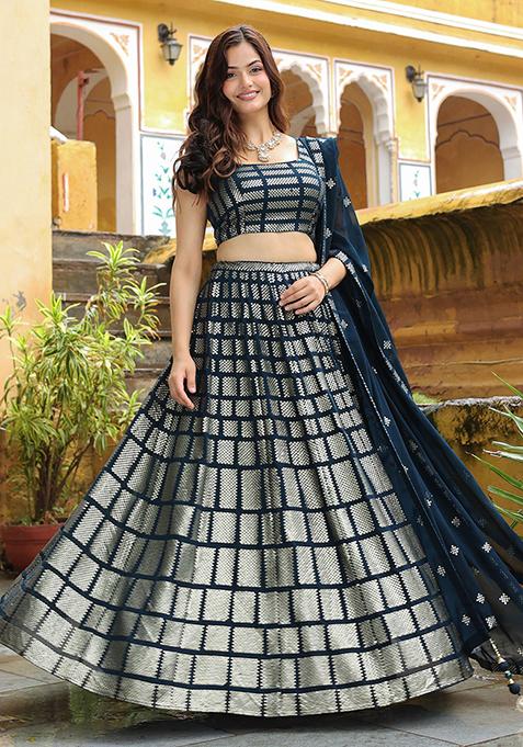 Blue Embroidered Georgette Lehenga Set