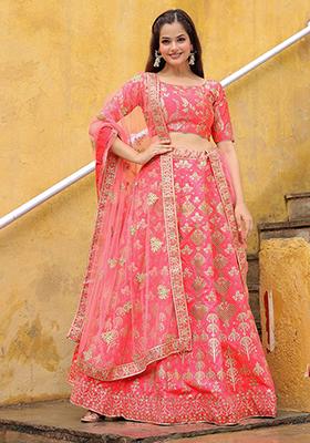 Peach Embroidered Silk Lehenga Set