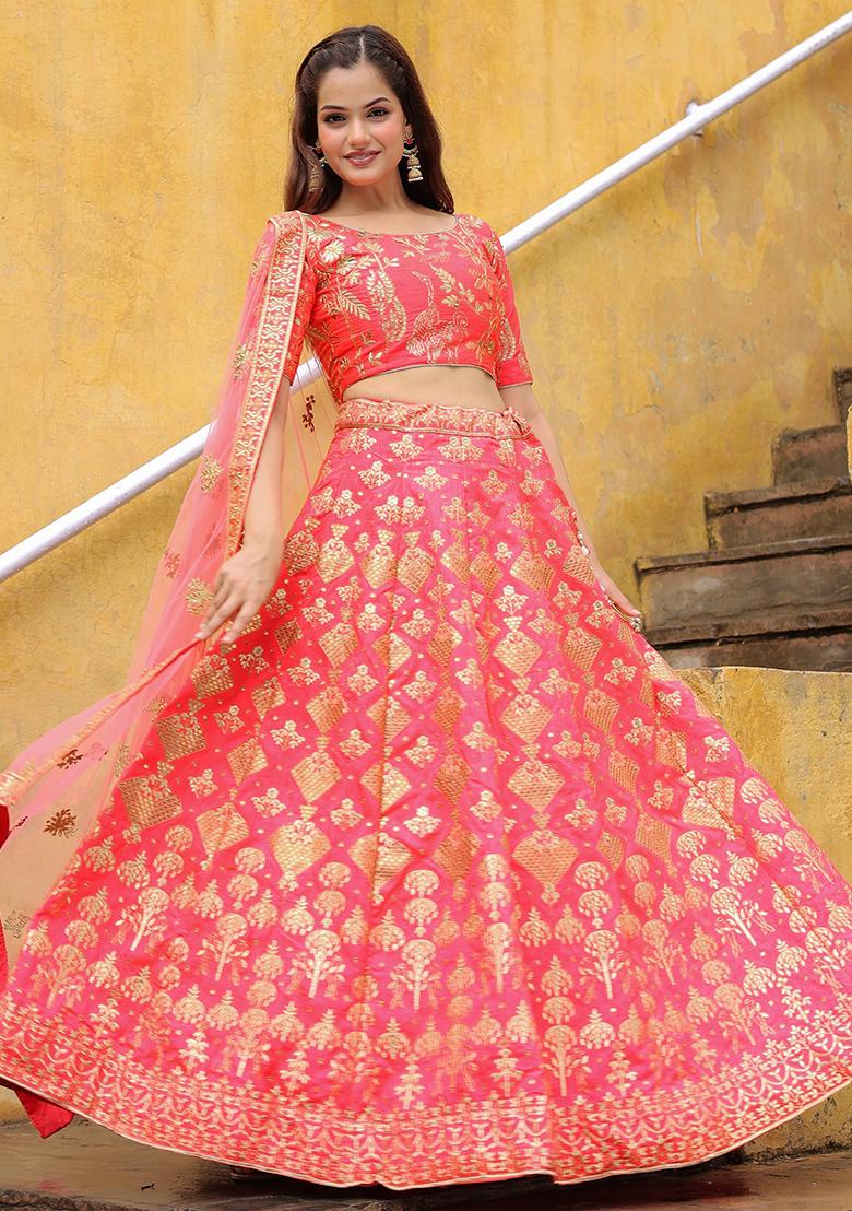 Peach Embroidered Silk Lehenga Set