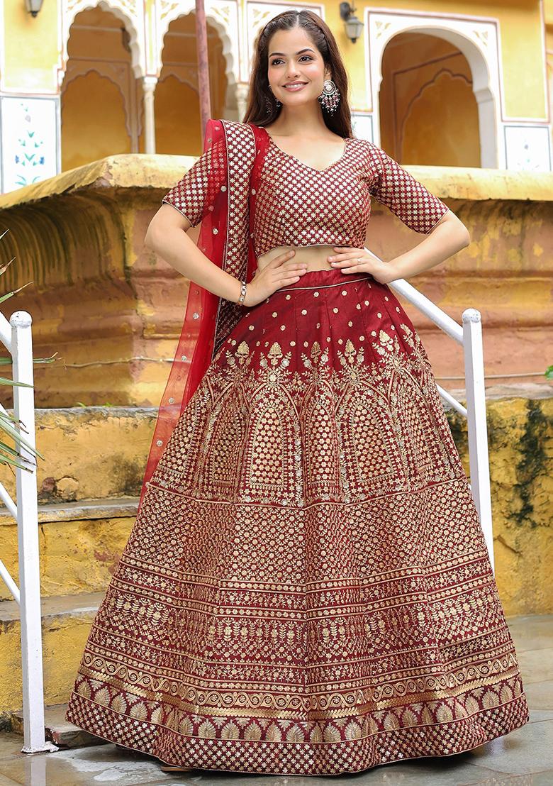 Maroon Sequin Embroidered Raw Silk Lehenga Set