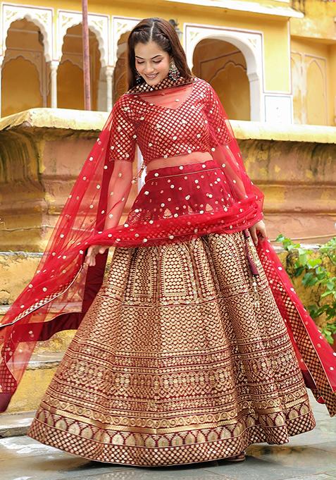 Maroon Sequin Embroidered Raw Silk Lehenga Set