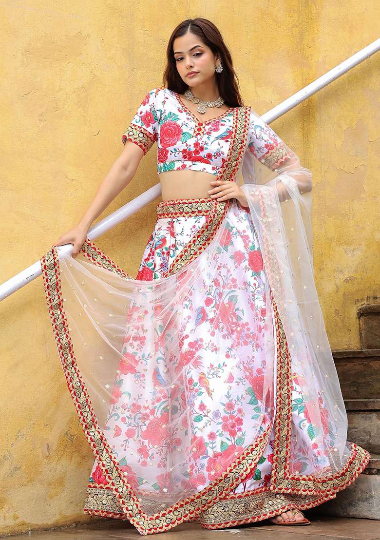 White Blend Art Silk Lehenga Set with Floral Print for Diwali | Wedding & Festive Wear - Indya