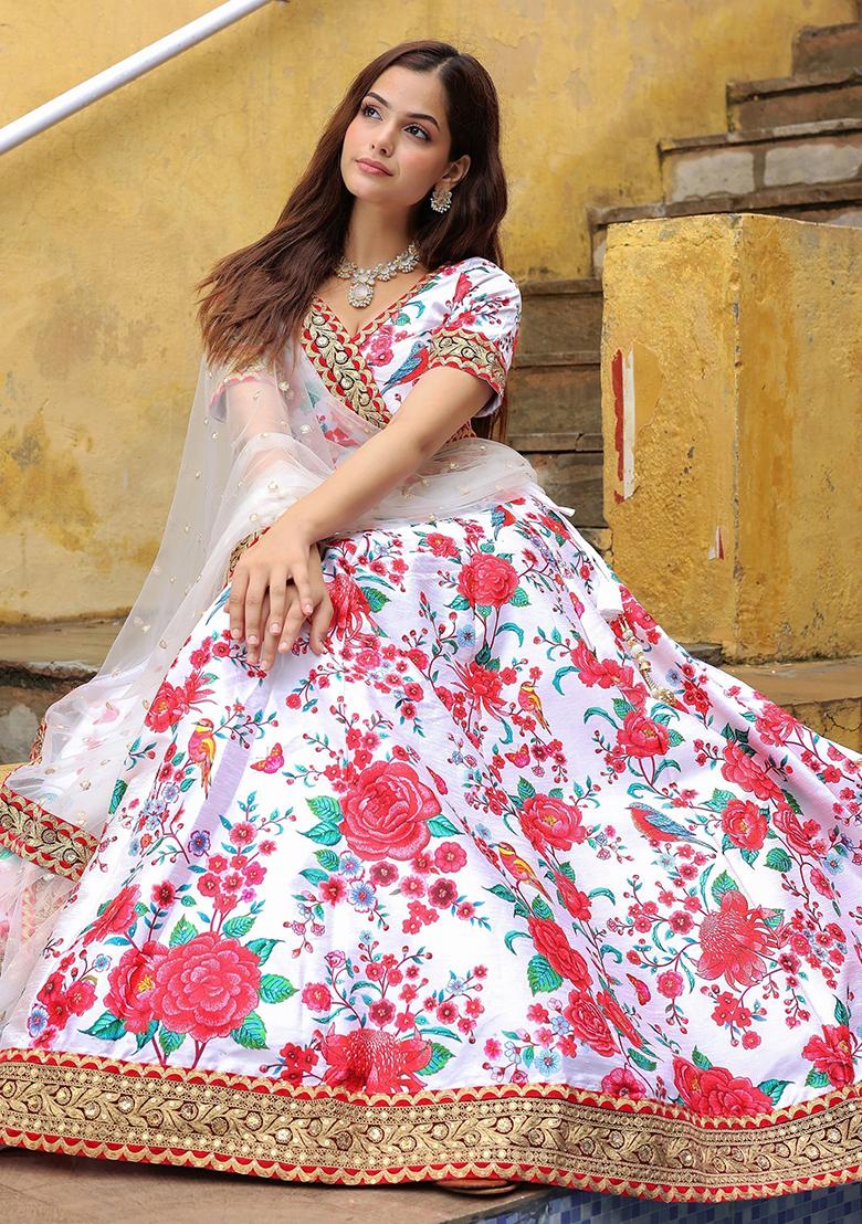 White Floral Print Art Silk Lehenga Set