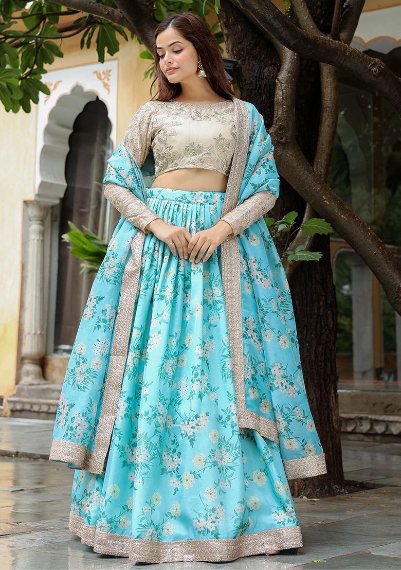 Sky Blue Floral Print Organza Lehenga Set