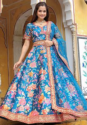 Blue Floral Print Art Silk Lehenga Set