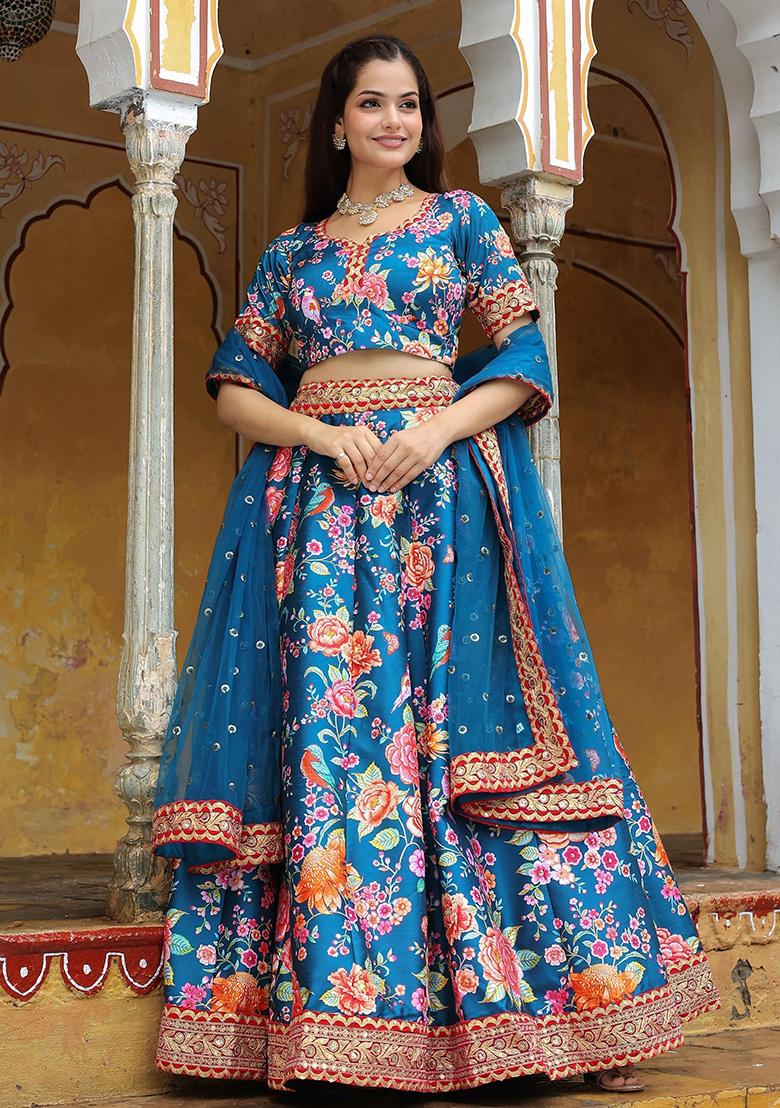 Blue Floral Print Art Silk Lehenga Set