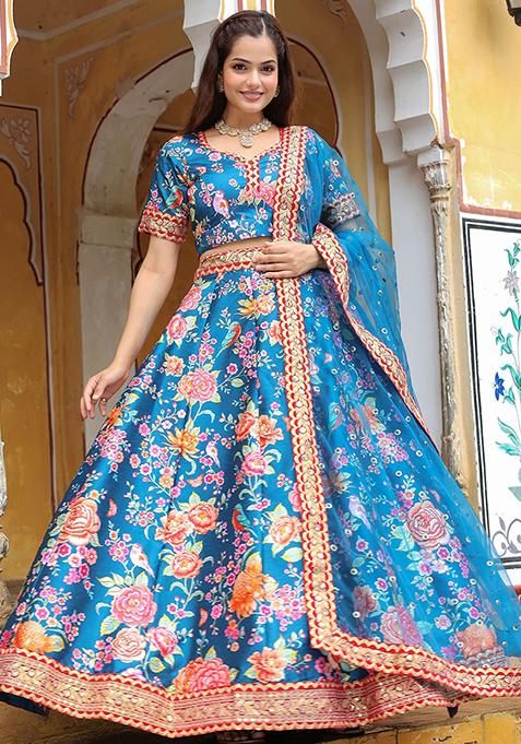 Blue Floral Print Art Silk Lehenga Set