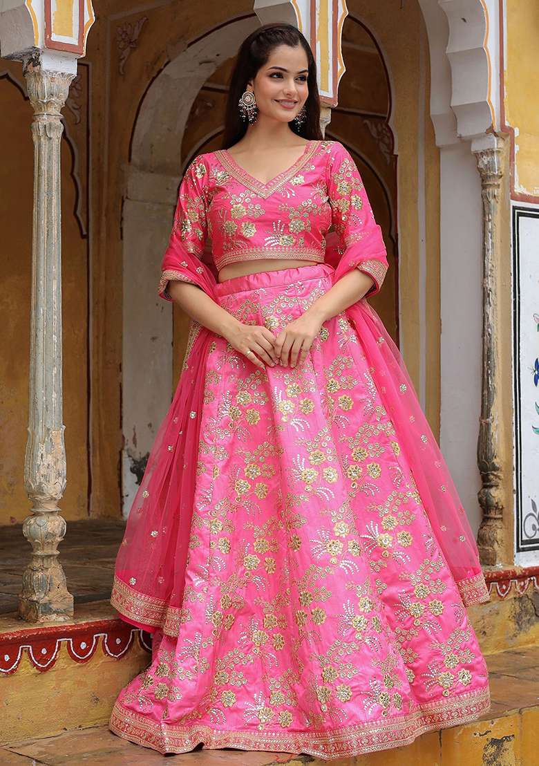 Pink Silk Blend Lehenga Set with Embroidered for Diwali | Wedding & Festive Wear - Indya