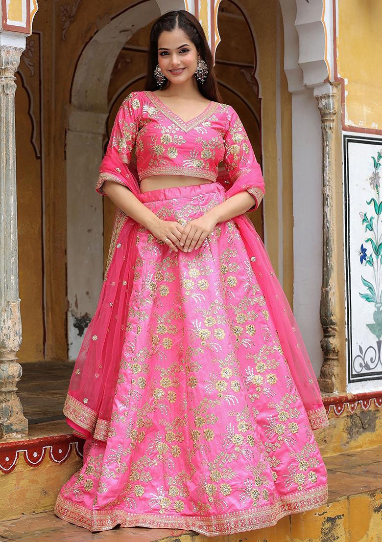Pink Embroidered Silk Lehenga Set
