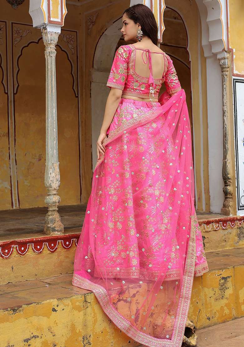 Pink Silk Blend Lehenga Set with Embroidered for Diwali | Wedding & Festive Wear - Indya