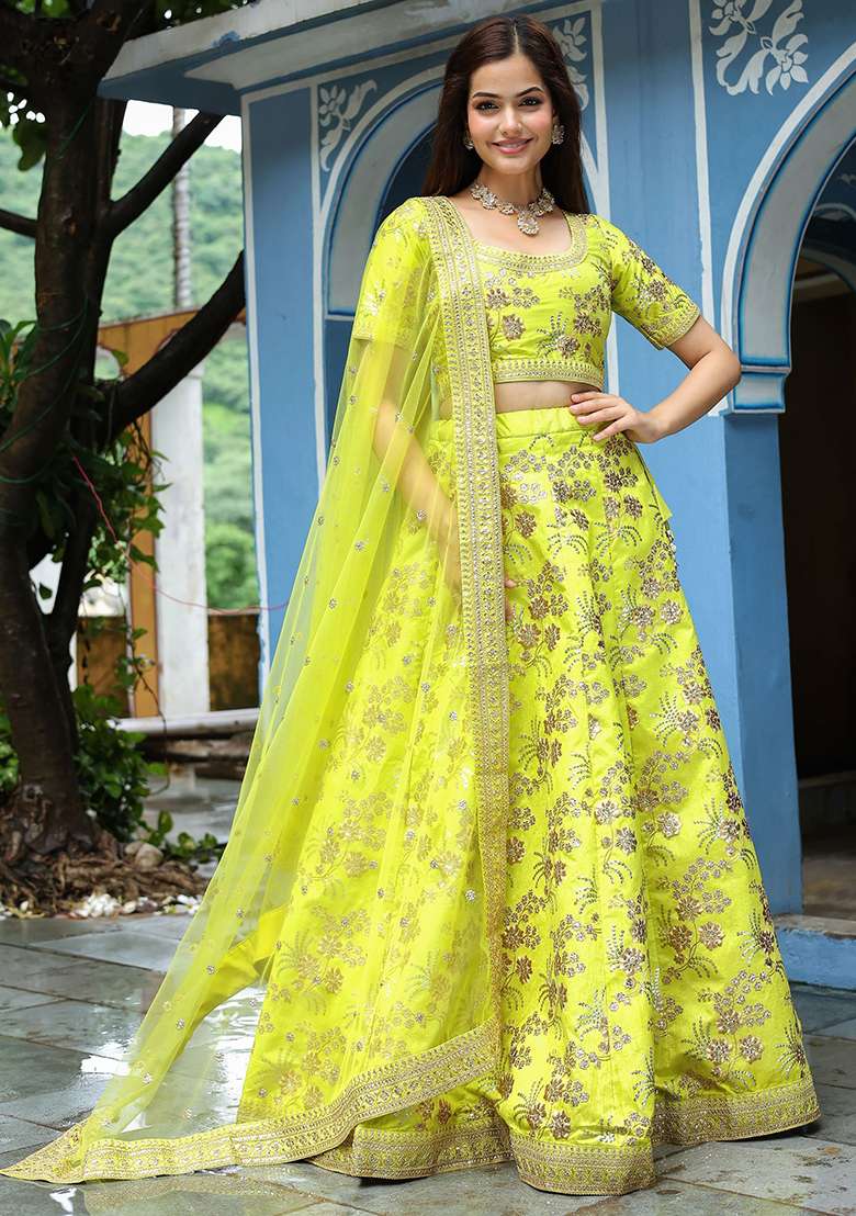 Green Silk Blend Lehenga Set with Embroidered for Diwali | Wedding & Festive Wear - Indya