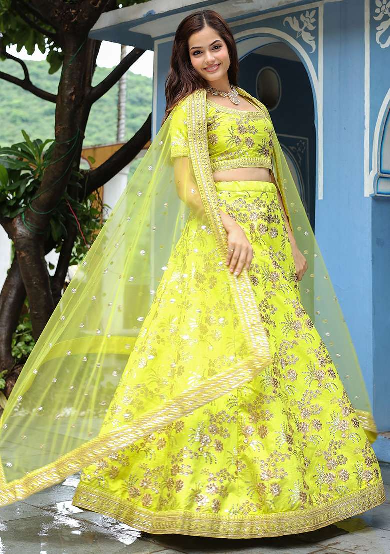 Green Silk Blend Lehenga Set with Embroidered for Diwali | Wedding & Festive Wear - Indya