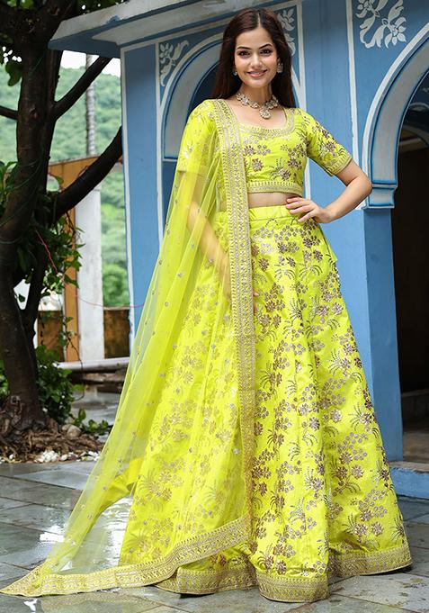 Green Embroidered Silk Lehenga Set