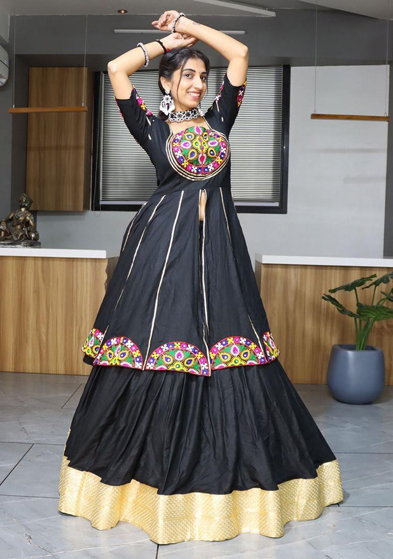 Black Mirror Work Cotton Lehenga Set