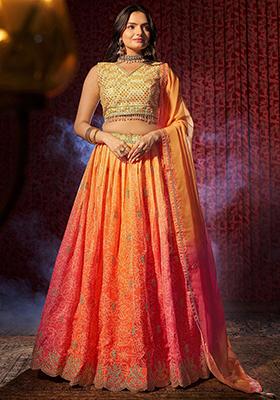 Orange Printed Organza Lehenga Set