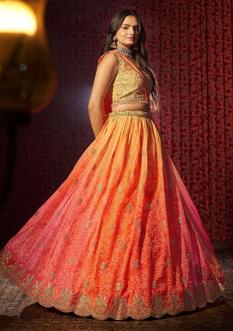 Orange Printed Organza Lehenga Set