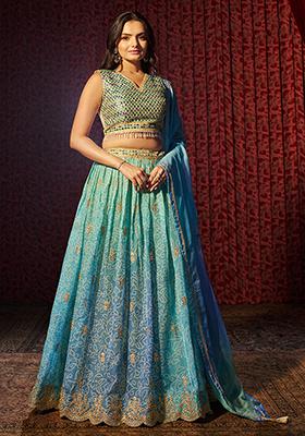 Blue Printed Organza Lehenga Set