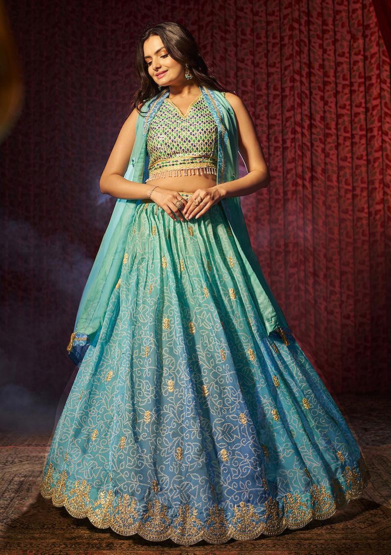 Blue Printed Organza Lehenga Set
